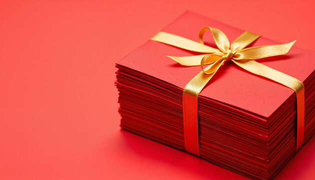 Stack of red envelopes tied with gold ribbon, symbolizing prosperity