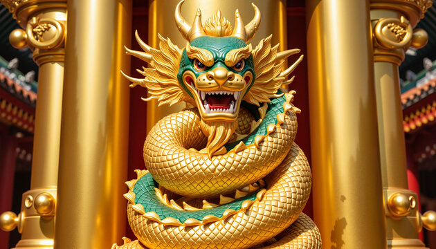 Majestic golden dragon statue coiled around temple pillar, powerful symbolism
