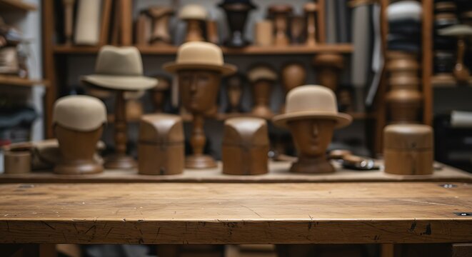 A collection of hats and hatmaking tools displayed on a wooden workbench in a workshop for commercial usage and mockups