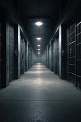 Fototapeta premium Dark corridors of an abandoned prison evoke mystery and suspense in eerie silence