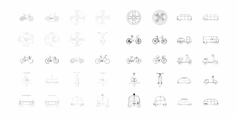 Collection of hand drawn vehicle icons and sketches including bicycles scooters cars and buses
