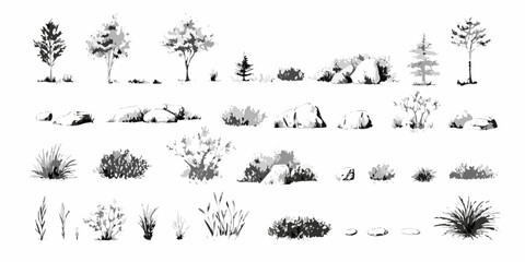 Collection of hand drawn black and white sketch elements of trees bushes rocks and grass for landscape design © Shuvra Majumder