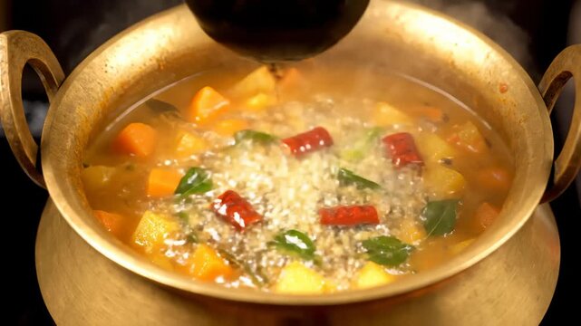 Adding Ingredients With Ladle to Cooking Vegetable Sambar Dish in Brass Pot, Steam Rising