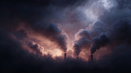 Obraz premium Dramatic plumes of dark industrial smoke emerge from factory chimneys against a glowing ominous sky