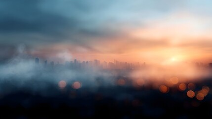 Fototapeta premium Atmospheric city skyline at dusk bathed in warm light with soft bokeh effects
