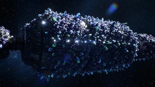 Large mechanical satellite in deep space overtaken by glowing crystalline growth. Sci-fi animation showing progression of alien life forms invading metallic structure. Futuristic extraterrestrial