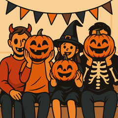 Happy Halloween Family with Pumpkin Masks and Costumes Illustration