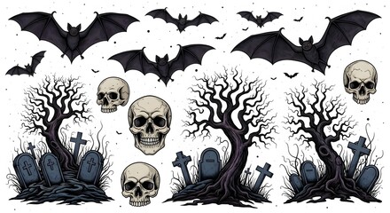Halloween Graveyard Vector Set Spooky Trees, Tombstones, Flying Bats, Skulls & Night Scene Elements