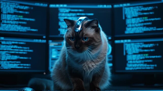 Cat Wearing Vr Headset Sits at Computer Coding, Programming