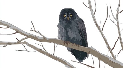 Great grey owl perched on a tree branch in snowy environment