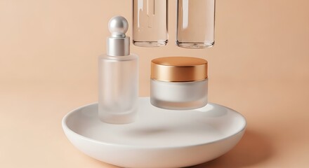 Minimalist Skincare Product Display - Floating Bottles and Cream Jar on Beige Background.