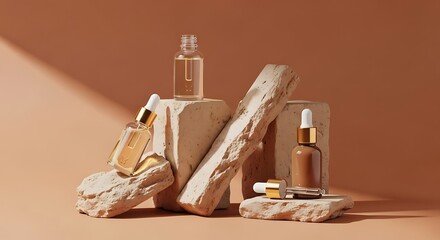 Luxurious Natural Skincare on Textured Stone and Wood with Warm, Earthy Tones.