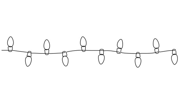 christmas lights continuous one line drawing animation, Video. Festoon, garland with bulbs drawing with one editable continuous line, Separating frame for banner. Animation on white background 4K. 