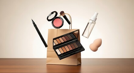 Dynamic Floating Makeup Essentials - Eyeshadow Palette, Blush,  Tools Around Shopping Bag.