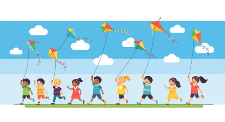 Fototapeta premium Joyful Imagery Of Children Relishing Kite Flying Activities On A Bright Sunny Day
