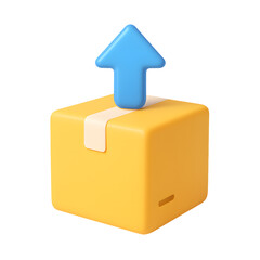 3D delivery package icon, yellow shipping box with upward blue arrow, isolated on transparent background