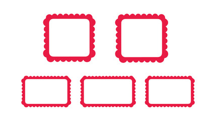 Wavy scallop edge frame collection. Vintage geometric shape with a wave rectangle. Scalloped wiggle border design. Squiggly cloud square stickers. Blank text boxes. Vector illustration
