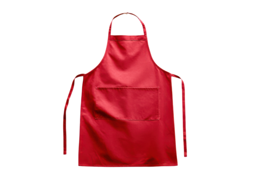 Red fabric apron with a single chest pocket and ties on black background cloth textile, Isolated On Transparent Background, Png Cut Out - Powered by Adobe