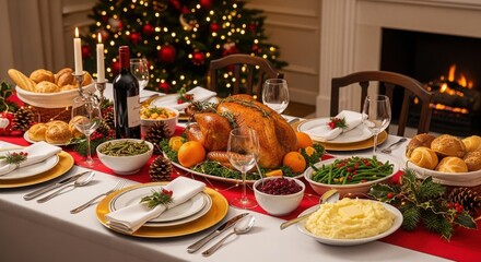 Holiday dinner table with roasted turkey, sides, and Christmas tree
