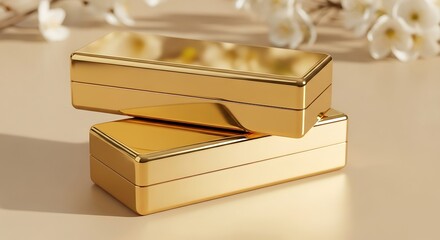 Gleaming Gold Rectangular Boxes Stacked Elegantly, Soft Floral Bokeh, Luxurious Product Display.