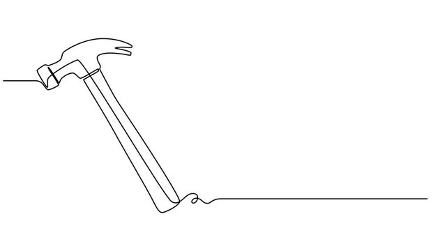 Animation of a single line drawing of a hammer. Continuous contour movement of a hammer. Continuous video with one line, Hammer Full length one line animation, 4K video animation with alpha channel.