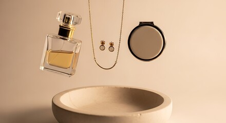 Floating Beauty - Perfume, Necklace, and Compact Mirror Above a Stone Bowl.