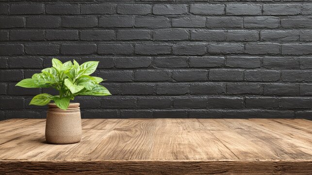Green plant in a pot on a wooden table against a dark brick wall