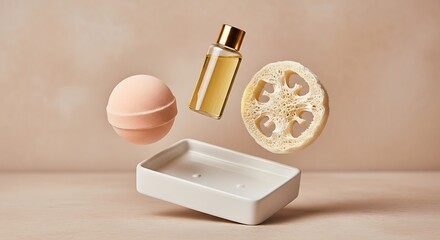 Elegant Zero-Gravity Spa Still Life with Levitating Bath Bomb, Loofah, and Golden Oil.