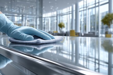 Cleaning and Sanitizing. Professional cleaner wiping surface in modern office.