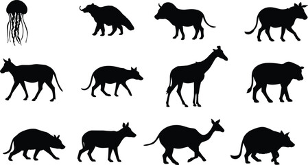 Wild animal silhouette collection vector set including jellyfish, giraffe, and various mammals in black isolated shapes for wildlife design