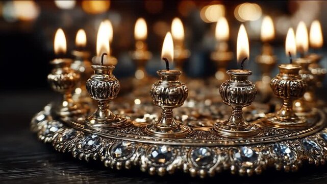 Close up of a decorative candelabrum with lit candles