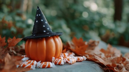 Pumpkin with playful witch hat surrounded by candy and autumn leaves, emotion of joy and anticipation visible, representing Halloween traditions, festive decoration inspiration, and creative