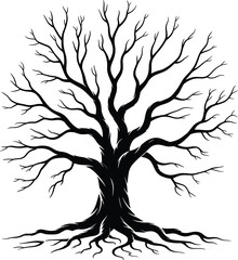 Detailed black and white illustration of a leafless tree with strong branches and roots, symbolizing resilience, nature, and life balance