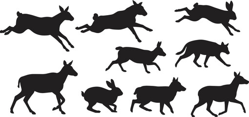 Wild animal silhouette vector set showing running and jumping deer, rabbit, and dog shapes for wildlife illustration and logo design