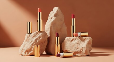 Elegant Lipstick Display - Golden Tubes on Natural Stone, Warm Peach Tones, Soft Shadows.
