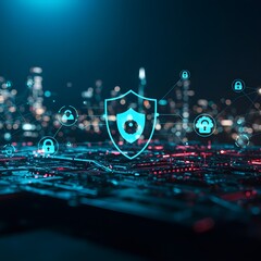 Fototapeta premium Cybersecurity and data protection concept showing digital shield, antivirus defense, and privacy technology securing information on the internet.