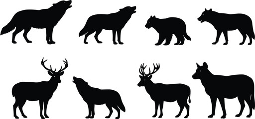 Wolf bear and deer silhouette set, wild forest animal vector illustration, wildlife design collection for nature art, logo and prints