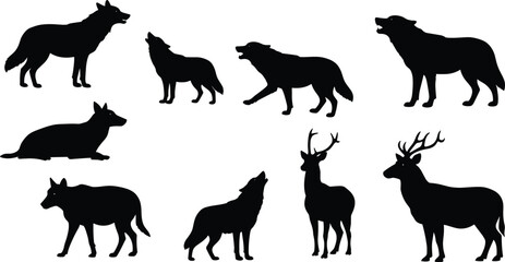Wolf and deer silhouette set, wild animal vector illustration, forest wildlife design collection, howling wolf and stag shapes for prints and art