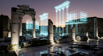 Ancient ruins enhanced with holographic reconstructions, blending historical architecture with futuristic digital overlays in a captivating visualization of the past