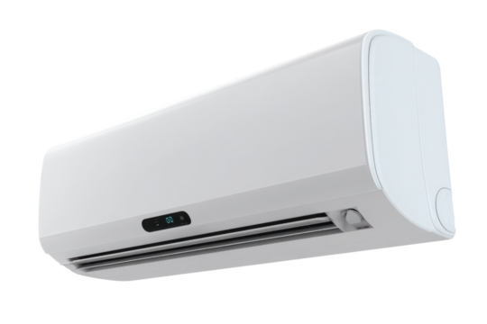 White split system air conditioner unit with digital display and louvers image, Isolated On Transparent Background, Png Cut Out