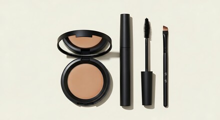 Modern Makeup Essentials Flat Lay - Foundation Compacts, Mascara, and Brush on Clean White.