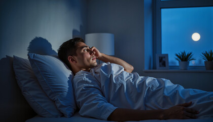 Fototapeta premium Thoughtful man lying in bed at night with moonlight, reflection and calm