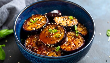 Sliced, glazed eggplant in a blue bowl, garnished with sesame seeds