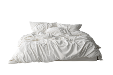 White crumpled duvet and pillows on a bed against black background image, Isolated On Transparent Background, Png Cut Out