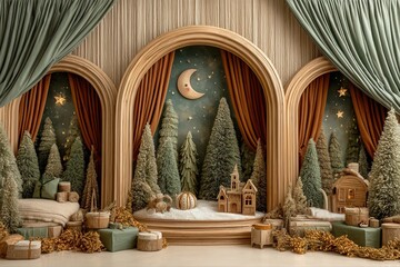 Whimsical Decor. A cozy holiday-themed display with trees and stars.