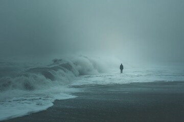 Solitary Figure on Foggy Beach with Waves