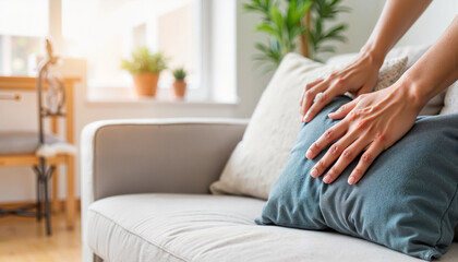 Hands arranging decorative pillow on sofa in bright interior, homely warmth