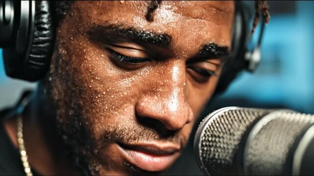 Close up of a singer recording with professional equipment in studio