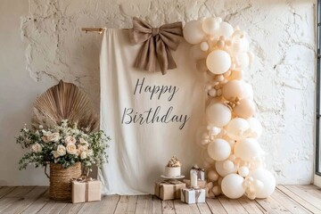 Elegant Birthday Decor. Soft beige and cream tones with balloons and floral arrangements for a birthday celebration.
