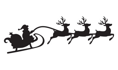 Silhouette of Santa Claus riding sleigh with reindeer. Black silhouette of Santa Claus flying in a sleigh pulled by reindeer, symbolizing Christmas night and holiday traditions. vector illustration.

